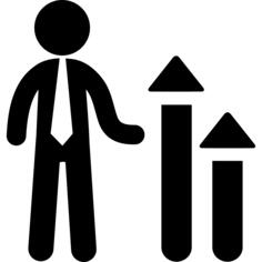 Descending business graphic with up arrows and a businessman