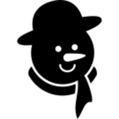 Snowman head in black with a carrot nose a scarf and a rounded hat