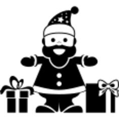 Santa Claus standing with two gifts at sides