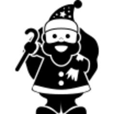 Christmas Santa Claus character holding gifts bag at his back with one hand and a cane in the other