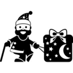 Santa Claus with a cane beside a huge giftbox