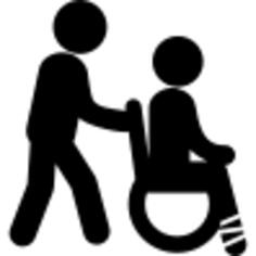 Man pushing a wheels chair with person sitting on it with injured leg