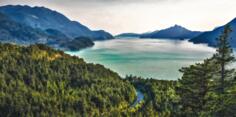 Surreal mountain lake panorama