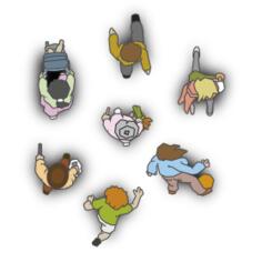Seven walking pedestrians