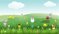 Easter landscape with bunnies, chicks, eggs, chicken, flowers