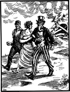 Uncle Sam, Lady Liberty and a worker escaping a wreckage