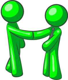 Green human figures pointing hands at each other