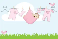 Cartoon baby girl hanging on clothesline Outside