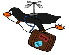 Penguin flying with a suitcase illustration