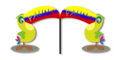 Drawing of two toucan birds with their beaks joined together