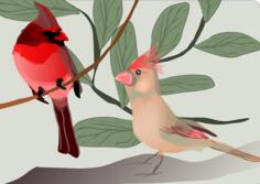 Vector image of colorful sparrows on a tree branch