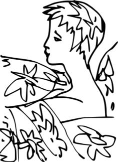 Image of short haired lady covered with leaves and flowers