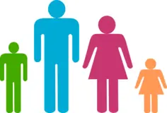 Blue man and pink woman with kids pictogram