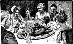 Vector image of family and guests around table for Thanksgiving