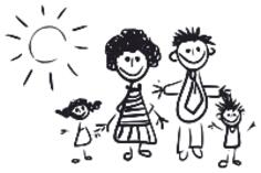 Black and white kid's drawing of a family