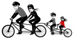 Four person family riding a tandem bike vector drawing