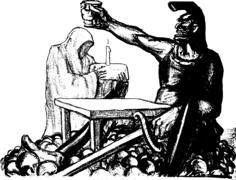 Illustration of warrior figure sitting on a pile of skulls