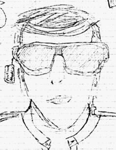 Pencil drawing of a guy trying on sunglasses