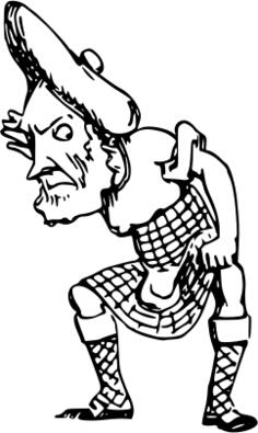 Squatting man in Scottish skirt caricature drawing