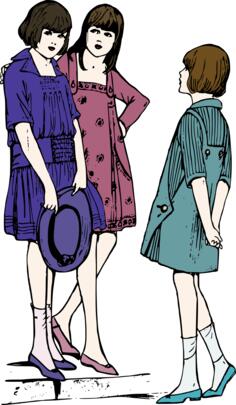 Vector image of three young ladies chatting on pavement