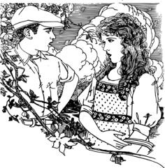 Vector drawing of young man and woman in a row outdoors
