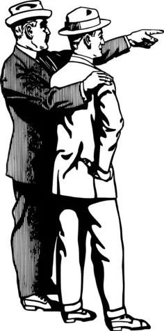 Vector clip art of older man in hat points direction to younger guy