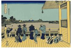Vector illustration of men and women looking at Mount Fuji from a terrace