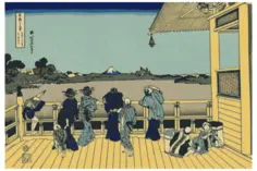 Vector illustration of men and women looking at Mount Fuji from a terrace