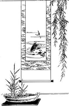 Asian plant and wall art black and white illustration