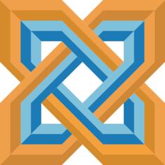 Drawing of stylized blue and orange Celtic knot