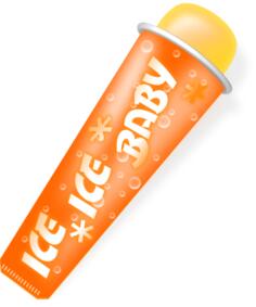 Vector drawing of yellow shaded popsicle in orange packaging with the words: "ice ice baby" on it.