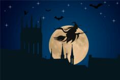 Halloween witch flying at moonlight vector drawing