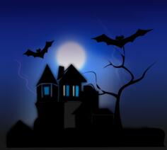 Vector clip art of spooky house with bats flying around