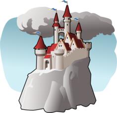Vector illustration of cartoon building on top of mountain