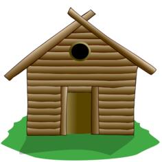 Illustration of wooden house surrounded by grass