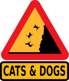 Vector illustration of falling cats and dogs warning road sign