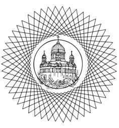 Vector image of black and white building inside spirograph