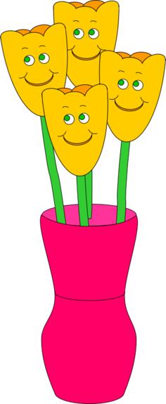 Vector illustration of four smiling flowers in a vase