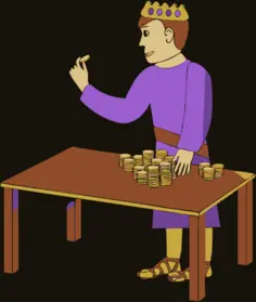 Vector drawing of king counting gold coins