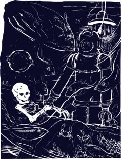 Vector drawing of skeleton discovery in the shipwreck