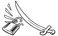 Vector clip art of a sword cracking a padlock