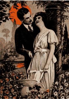 Vector image of man and woman under orange sun