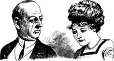 Vector drawing of balding man and cute woman