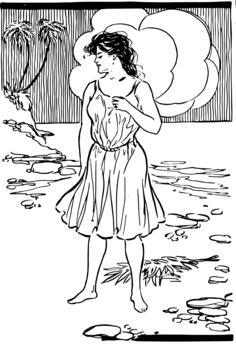 Vector illustration of lady in tropical dress on island