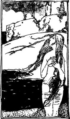 Vector clip art of naked lady next to castle wall