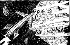 Comic sci-fi rocket and planet vector drawing