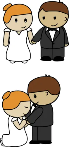 Vector illustration of two scenes of cartoon bride and groom