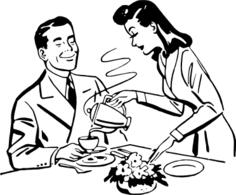 Vector graphics of woman serving tea to her man