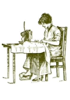 Vector illustration of vintage woman sewing on an old machine