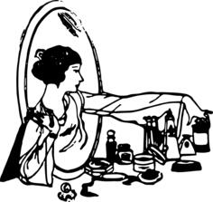 Vector drawing of woman picking a perfume at make-up table